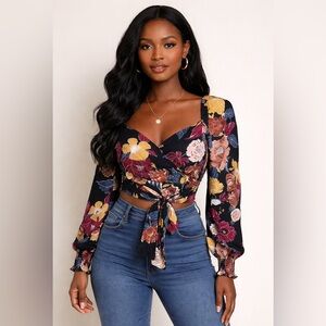 Band Of The Free M Crop top boho Black Berry Smocked Floral Wrap Coastal Cowgirl